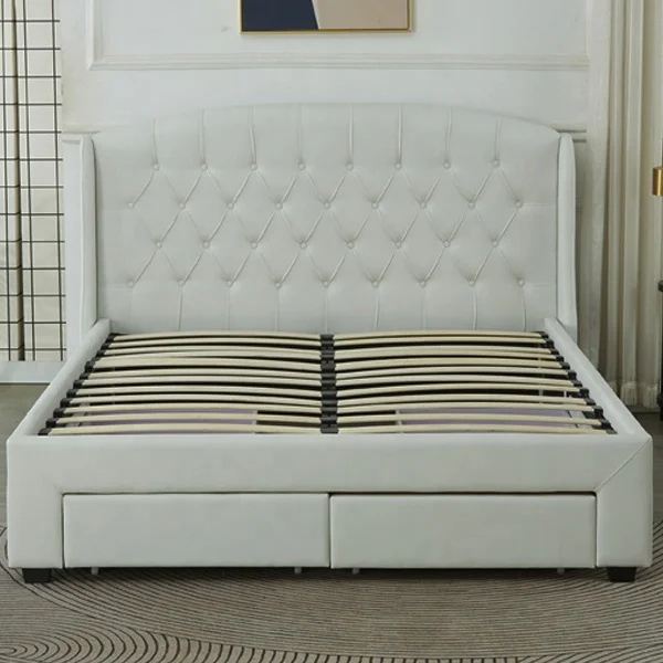 Solid and Comfortable Bed Base white color winged buttons headboard velvet fabric upholstered  bed  with 4 storage Drawers