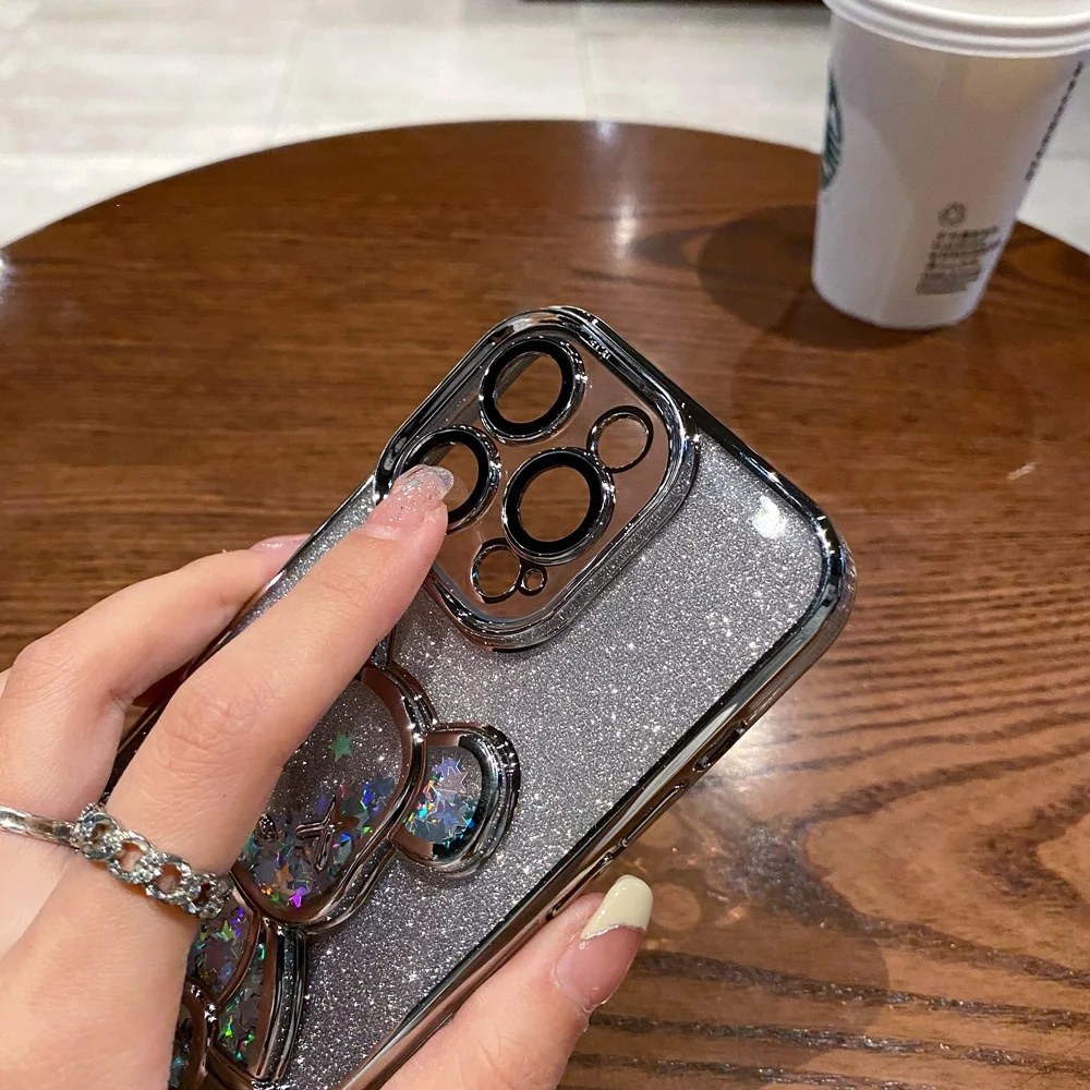 WOWCASE glitter with lens protector bling Electroplated Bear TPU Back Cover Phone Case for iPhone 14 13 12 11 Pro Max 7 8 plus