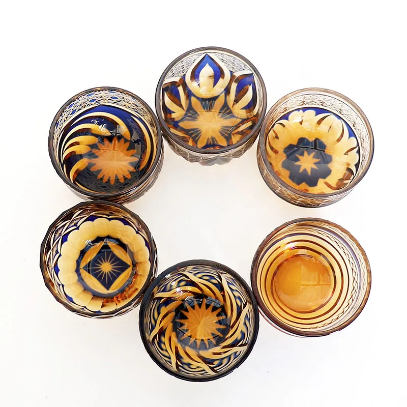 Amber blue sake glass tea cup Japanese Edo Kiriko style cut to clear luxury mini shot glass for Christmas seasons gift