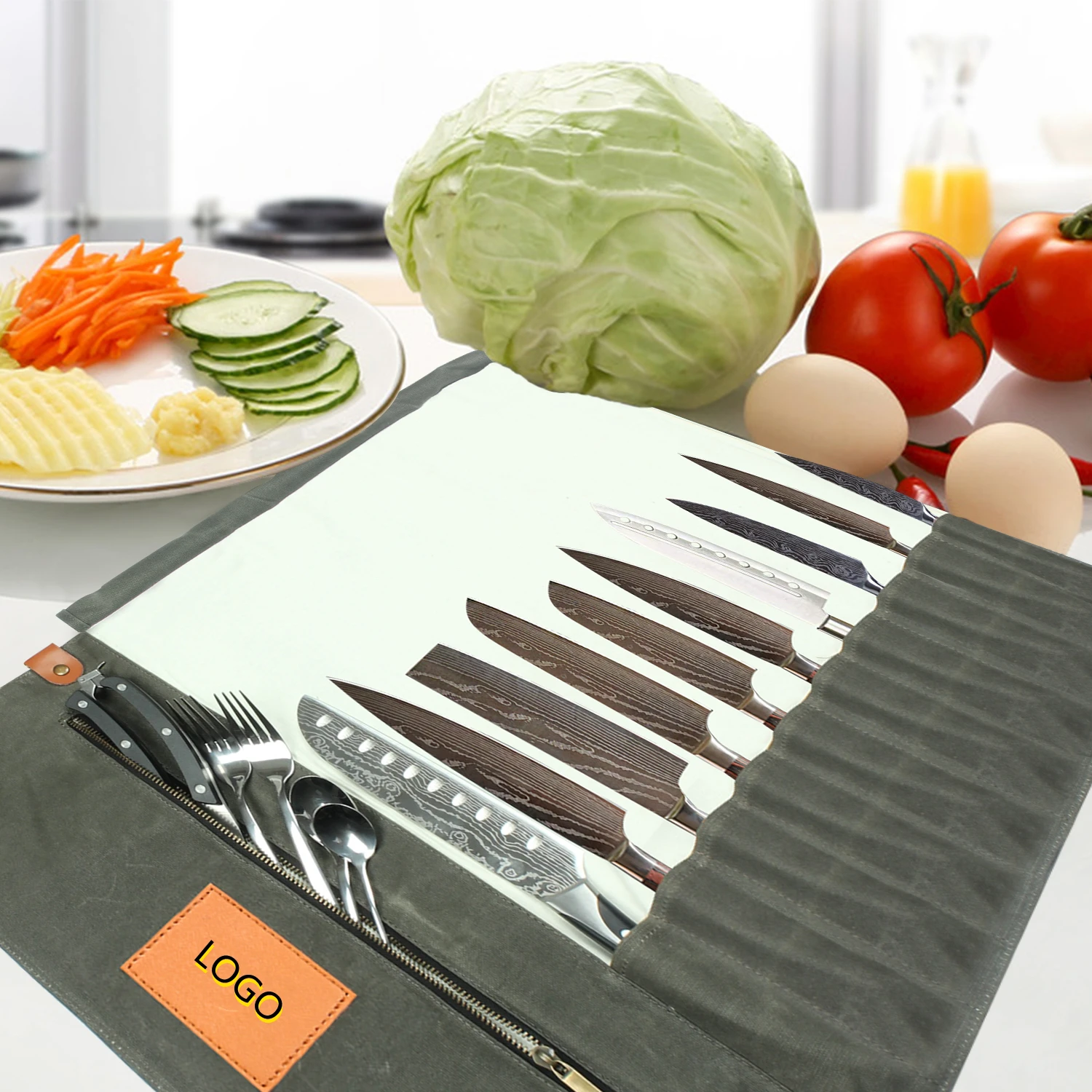 Factory Customize Knife Bag Chef Canvas Roll Bag Custom Leather Carrying Storage Case with 11 Pocket