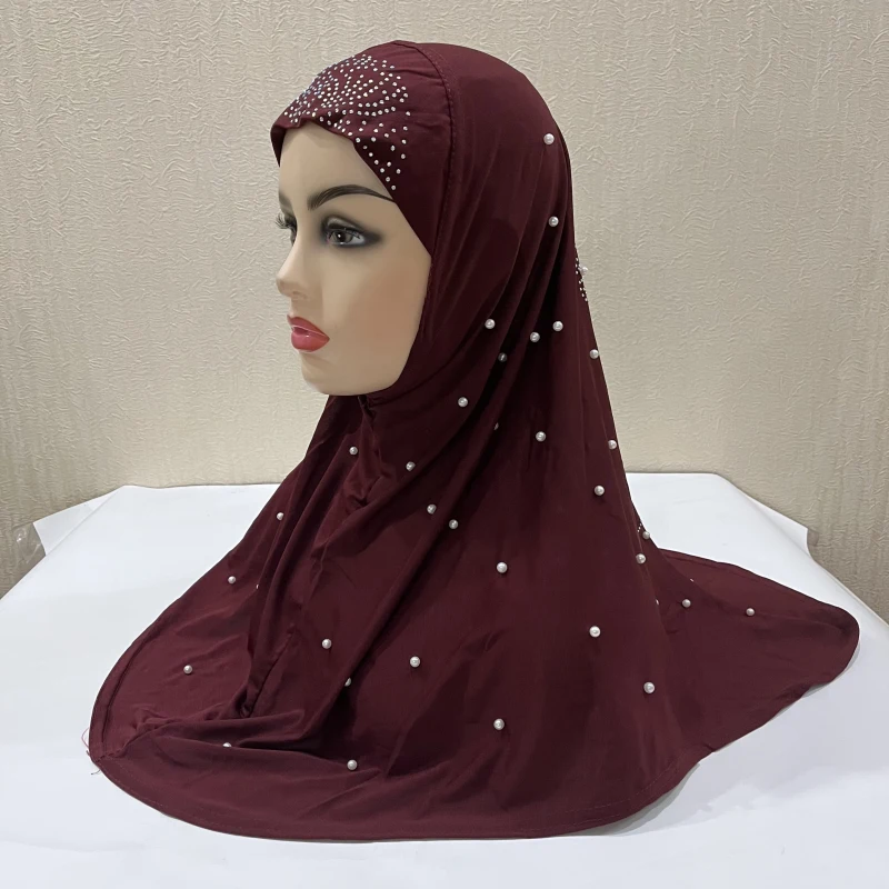 Wholesale adult muslim hijab with handmade beads islamic scarf shawl headscarf hat armia pull on wrap XDH016