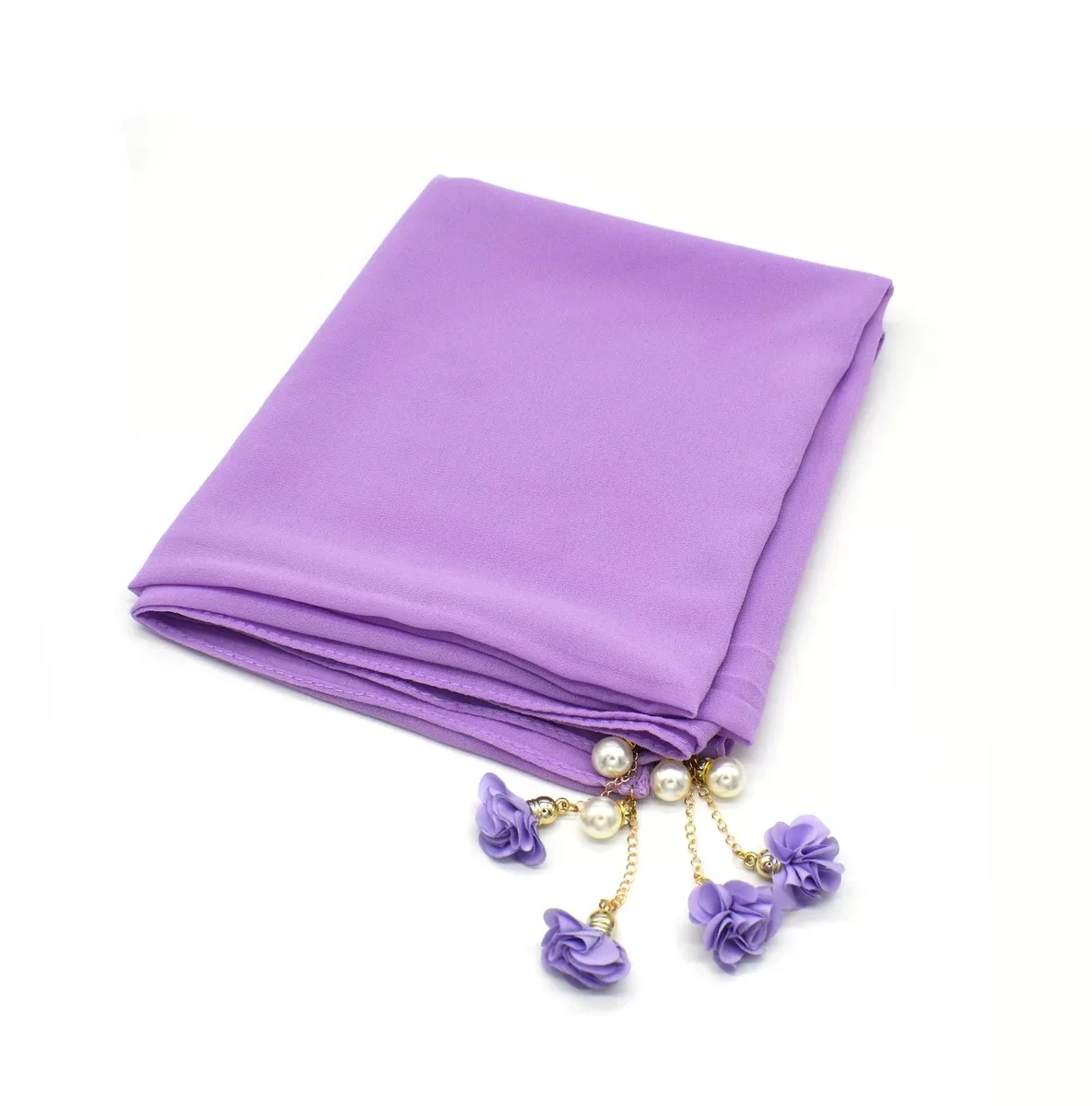 Newest Design Solid Color Chiffon Hijab Malaysia Plain Tudung Bawal Comfortable Women Fashion Scarf With Floral Pearl Tassel