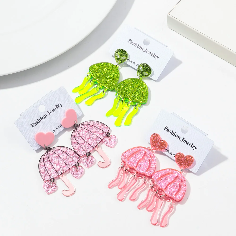 Fashion Sweet Girl Gift Colorful Glitter Umbrella Cartoon Jellyfish Green Tassel Pendant Pink Heart Acrylic Drop Earrings 2024