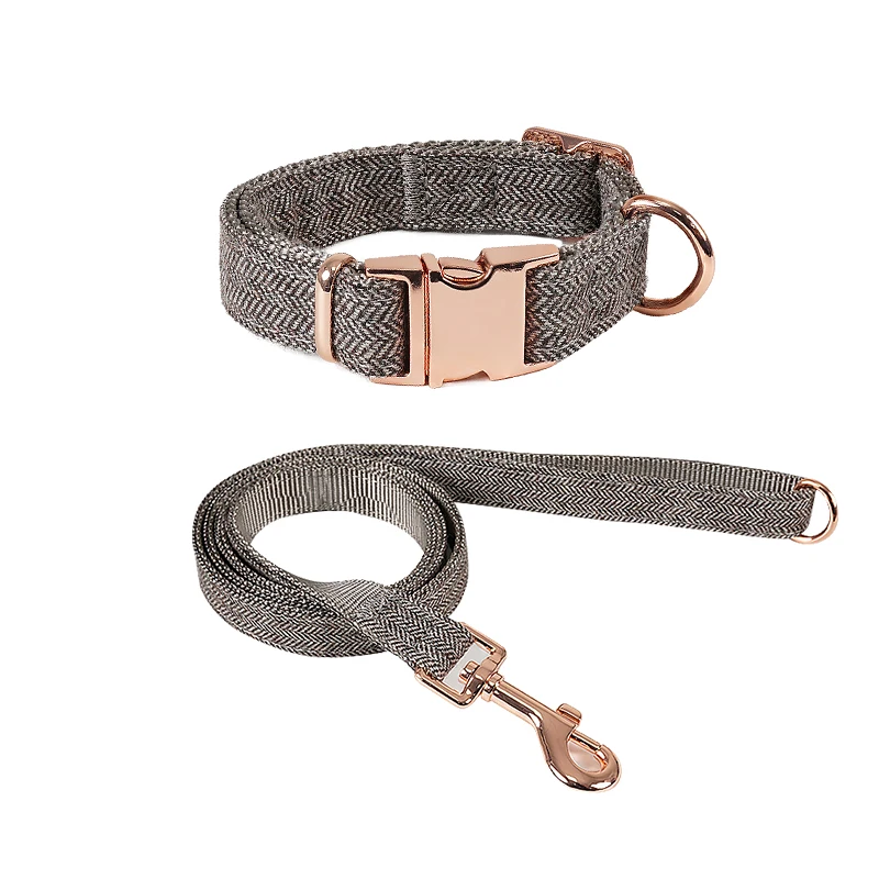 Wholesale Fashion Durable Gold Rose Twill Fabric Pet Dog Leash Lead Collar Set for Walking Running