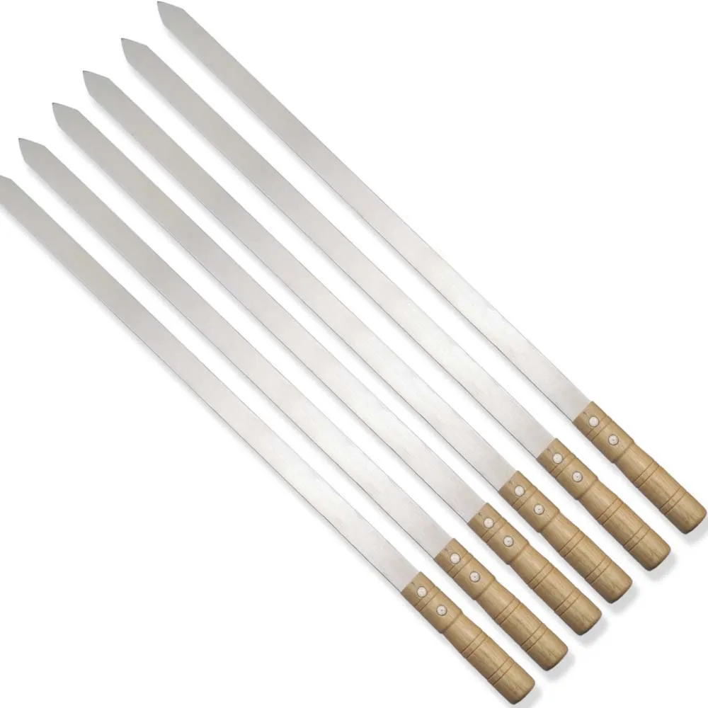 Outdoor Camping Tools Heat Resistant 6Pcs  Wooden Handle Stainless Steel Bbq Metal Grilling Skewers Set