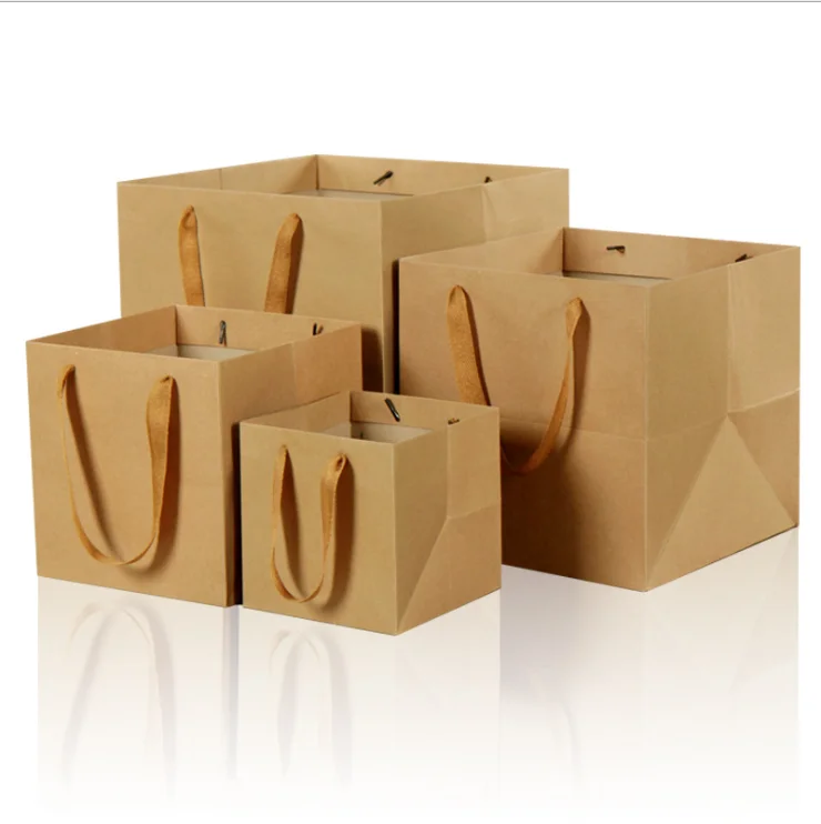 260g sqm brown kraft paper square base handmade gift bag flower cake pizza take away packaging bag with handle
