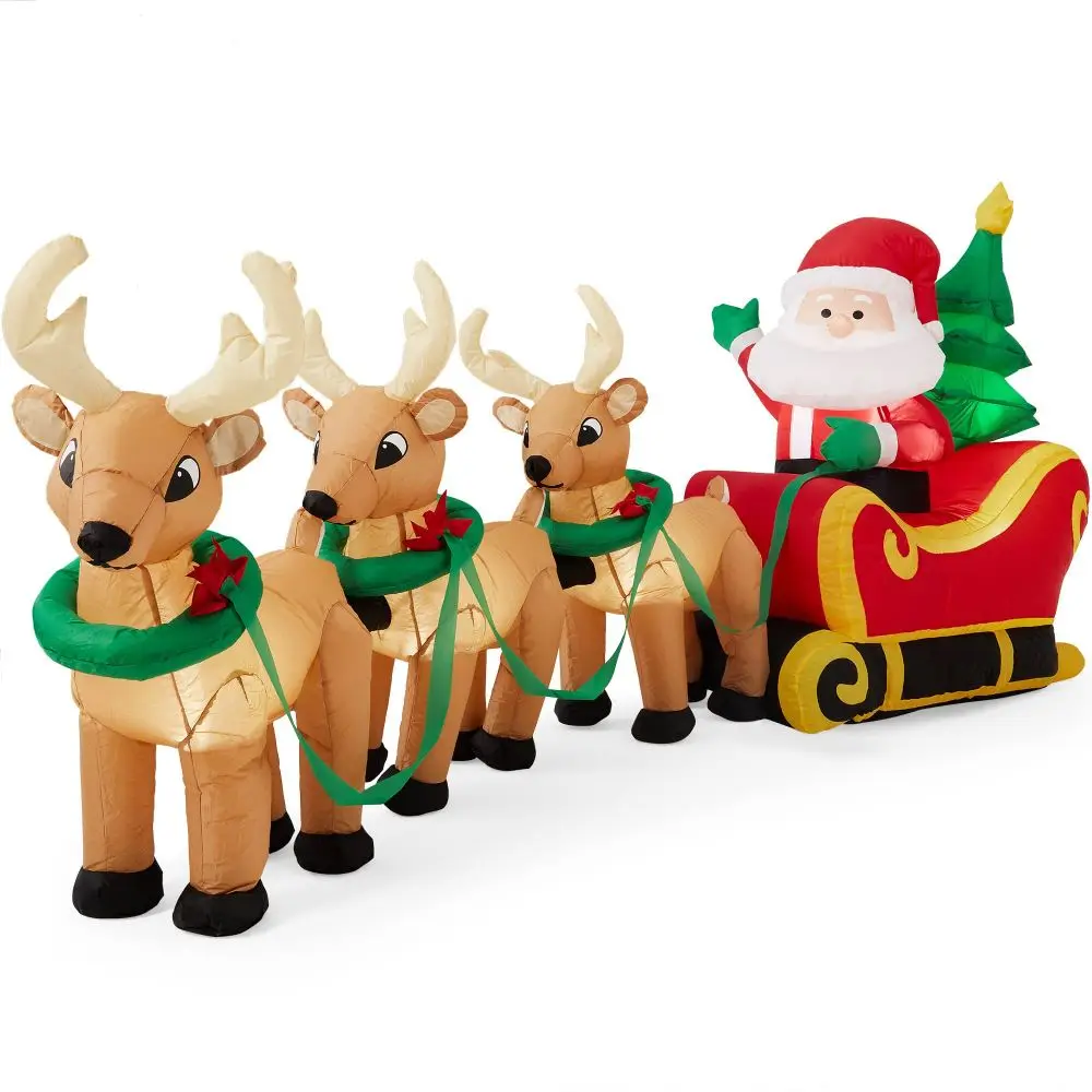 Christmas Inflatable Led Lighted Santa On Sleigh With Noel Reindeers And Gift Boxes Blow Up Outdoor Yard Decoration Inflatable