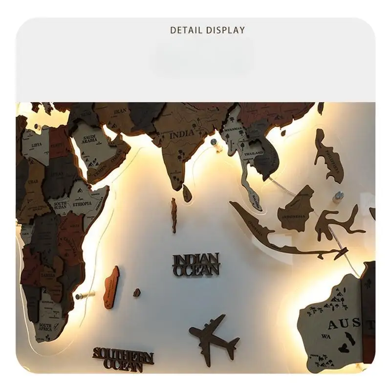Hot Selling Brown Color Wood Map Home Art Layered LED Wall 3D Wood World Map With light  Housewarming Gift Wall Art Decor