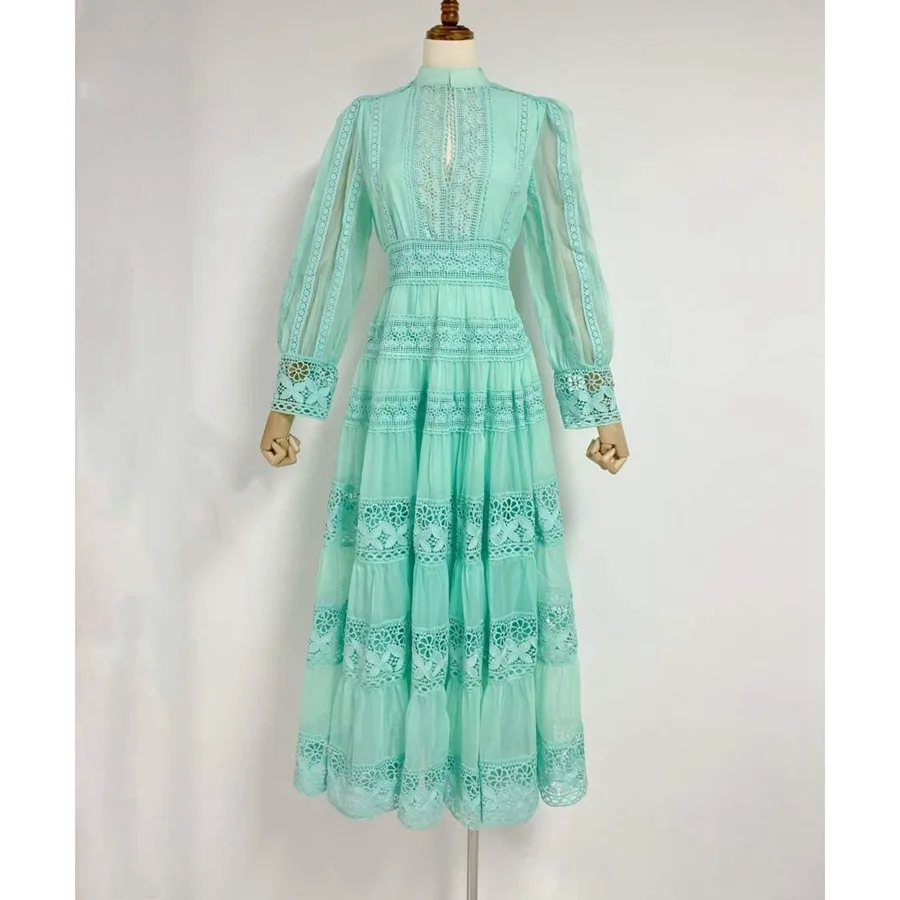 2024 Autumn New Fashionable and Elegant Long Skirt with Lace Splicing Design Lantern Sleeve Dress