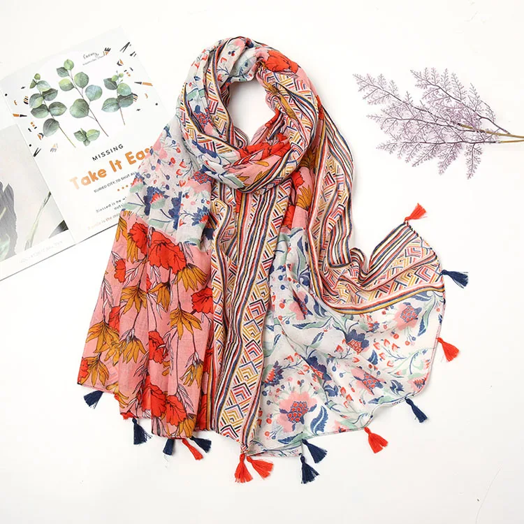 New colorful print floral long shawl tassel scarves women vintage viscose cotton scarf