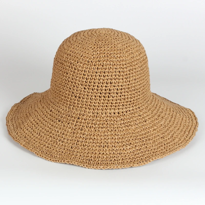 Wholesale Summer Handmade Wave Beach Foldable Plain Wide Brim Lady Sunshade Straw Bucket Hats For Women