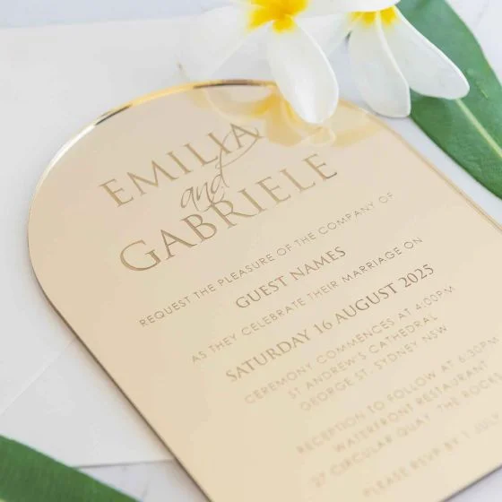 Custom Velvet Beige Arch Golden Glamour Clear Frosted Plexi Glass Acrylic Wedding Invitation Envelopes With Gold Foil Rsvp Cards