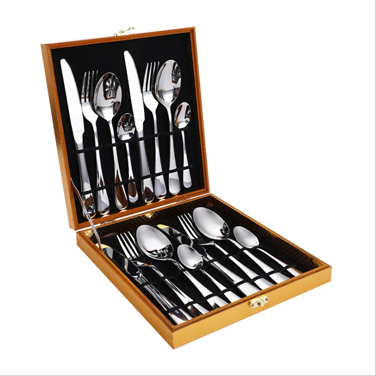 
Multi-color flatware sets with wooden box luxury crockery set stainless steel spoon set 