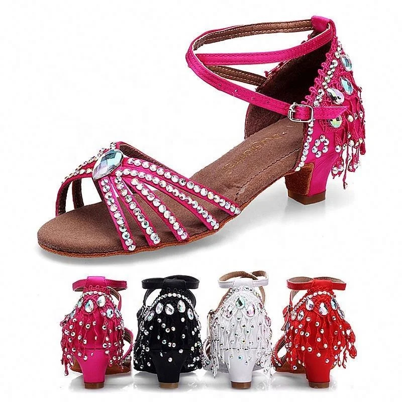
Children Latin Dance Shoes Diamond Girls Performing Soft Soles Satin Sandals Modern Salsa Dancing 