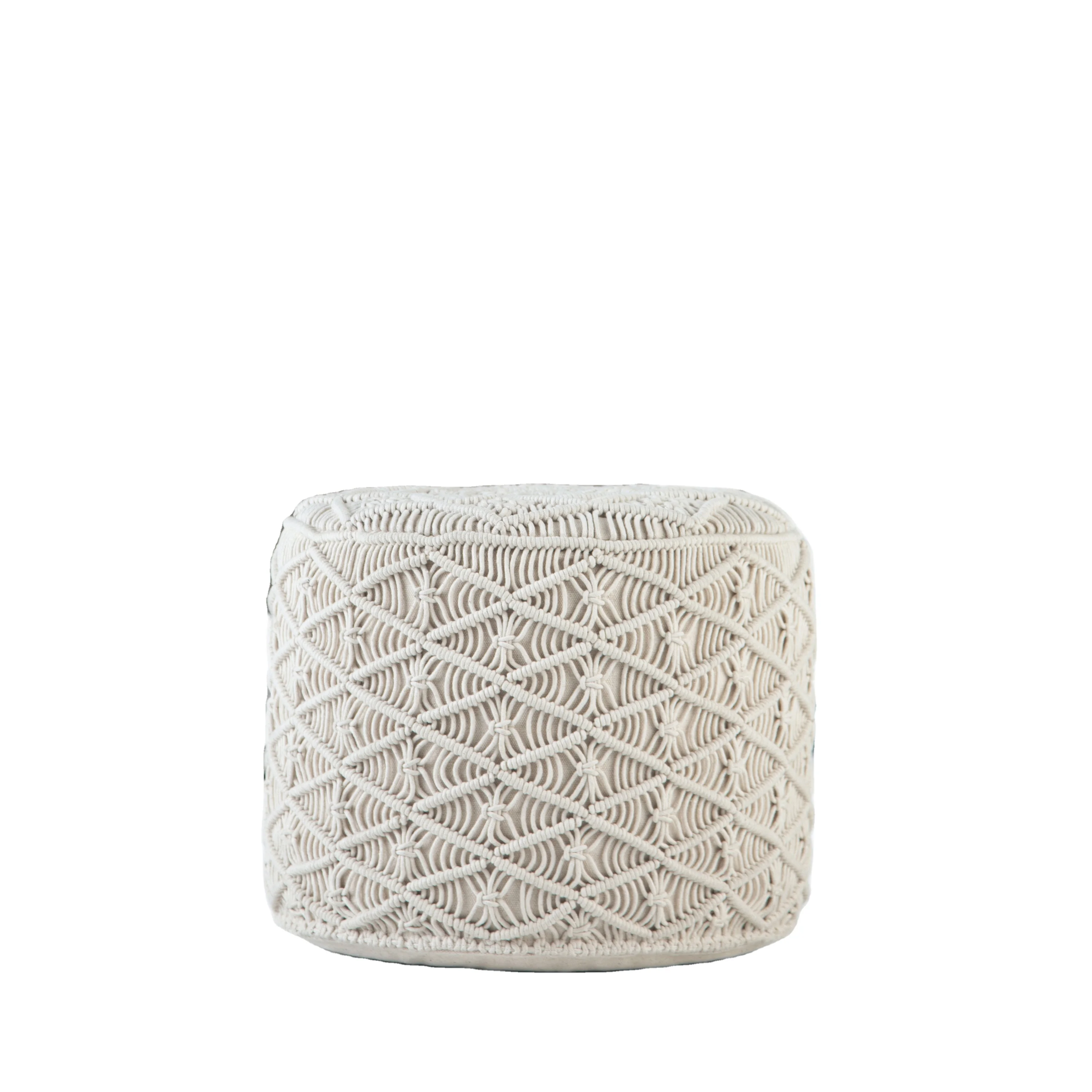 Hand Knitted Stitched CottonCable Style Ivory Cord Pouf Floor Ottoman