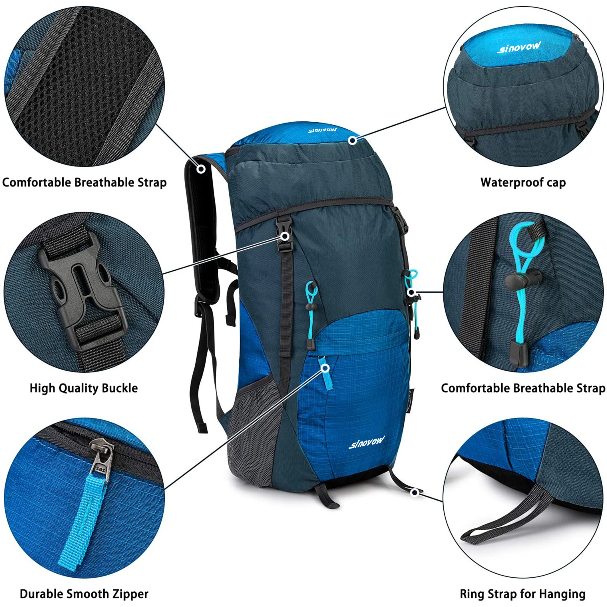 Sinovow Lightweight Packable Hiking Backpack Daypack 40L Travel Camping Backpack Outdoor Sport Backpack