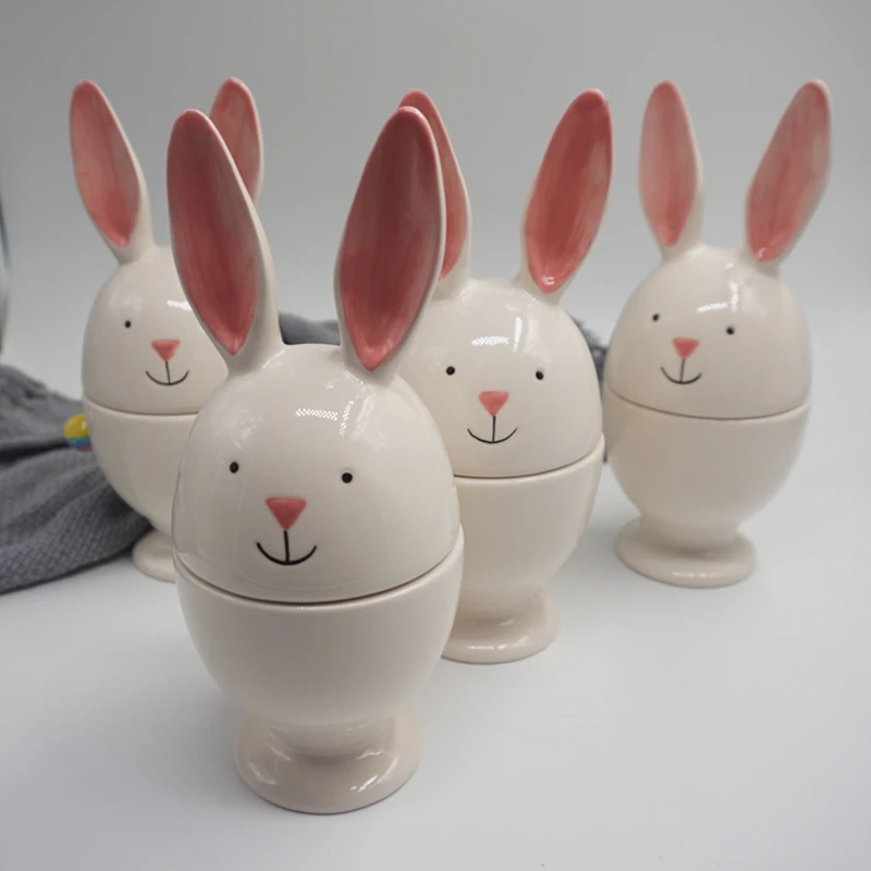 Custom Ceramic rabbit Egg holder, Novelty Animal Shaped Porcelain egg holder egg cup Breakfast Boiled Cooking Tools