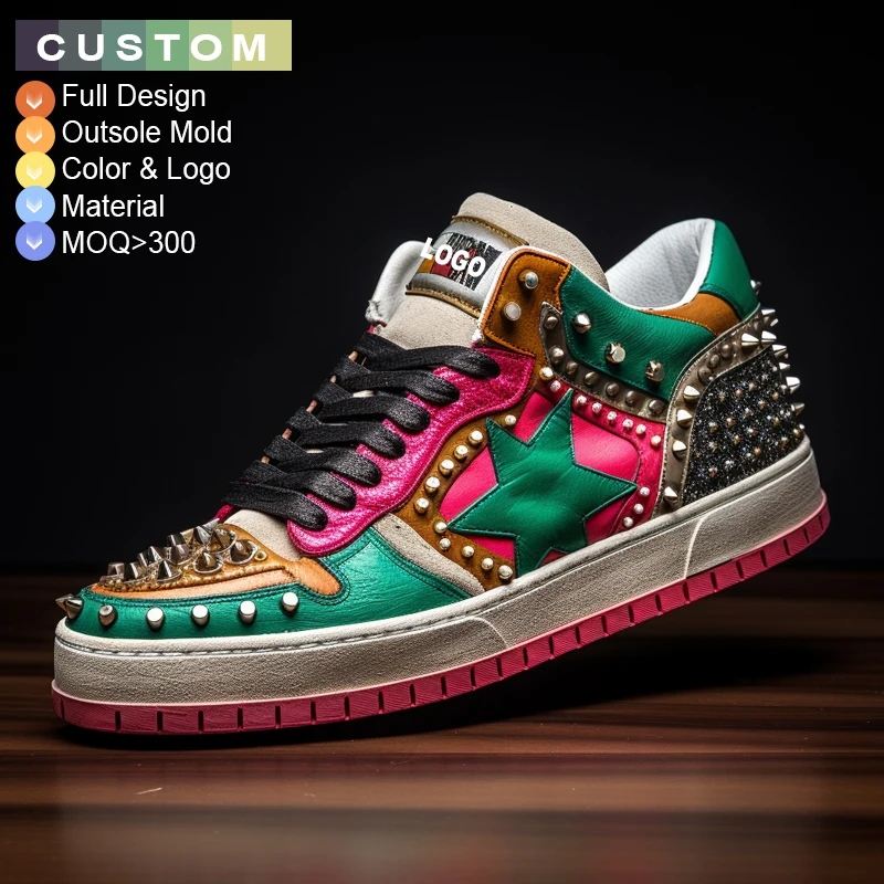 Custom men luxury brand Rhinestone Rivets shoes lace-up genuine leather shoe trendy studded sneakers designer footwear