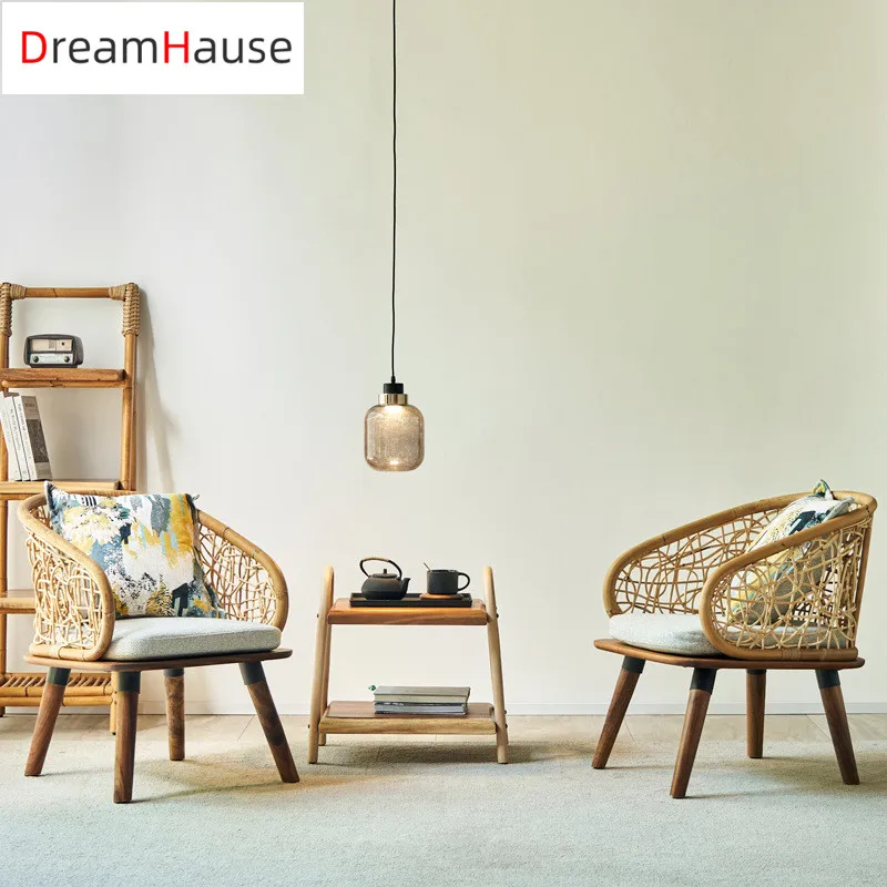 Dreamhause Simple Nordic Living Room Wood Chairs Real Rattan Backrest Hotel Restaurant Cafe Shop Chair Designer