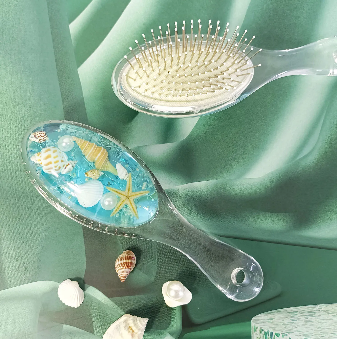 Акриловый держатель для щетки для волос, овальная форма, синие гелевые ракушки, массажер для океана, расслабление рук, удобное путешествие, украшение для дома
