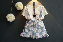 cheap wholesale china clothing kids Small and medium girls clothes set watermelon T-shirt floral strap short skirt 2 piece suit