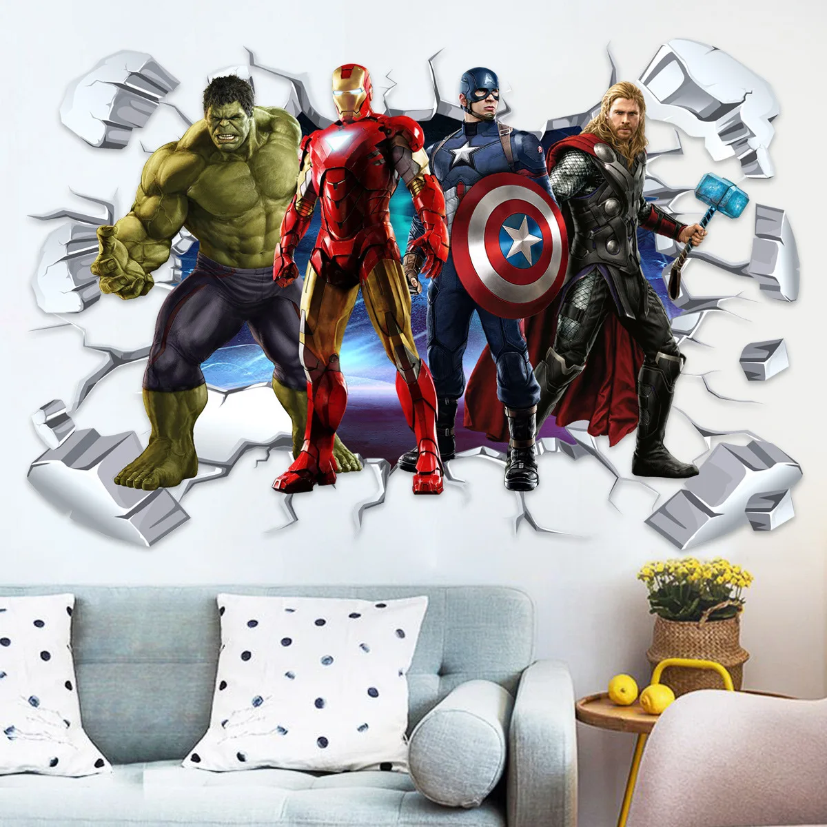 Super hero Super man broken wall to kids room 3d vinyl mural stickers home nursery decoration anime poster wallpaper 90*60cm
