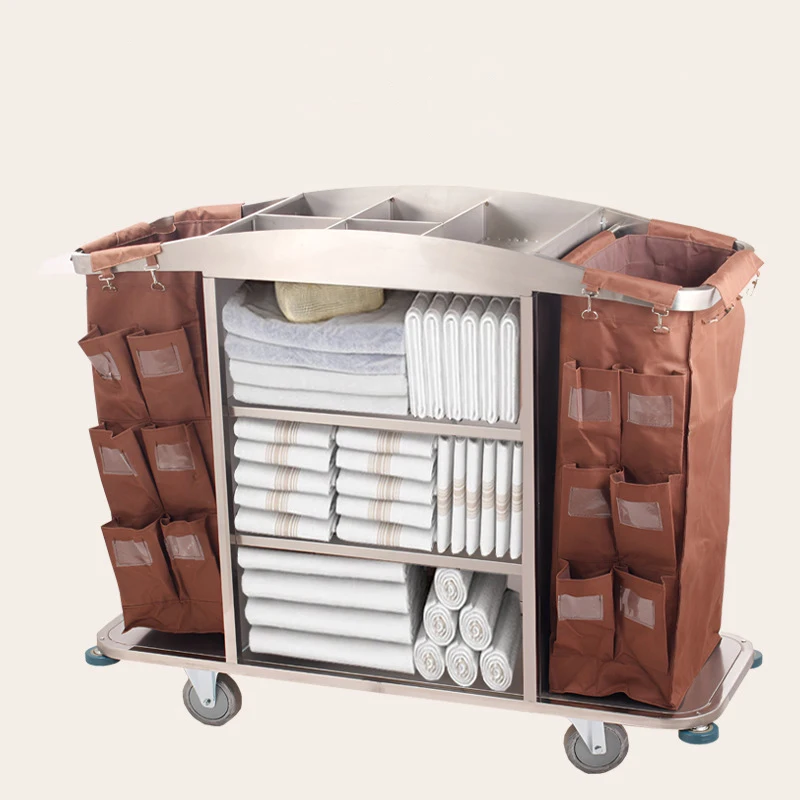 Mobile Hotel Maid Cart Stainless Steel Housekeeping Trolley Cart For Hotels With Multiple Pockets Linen Bags