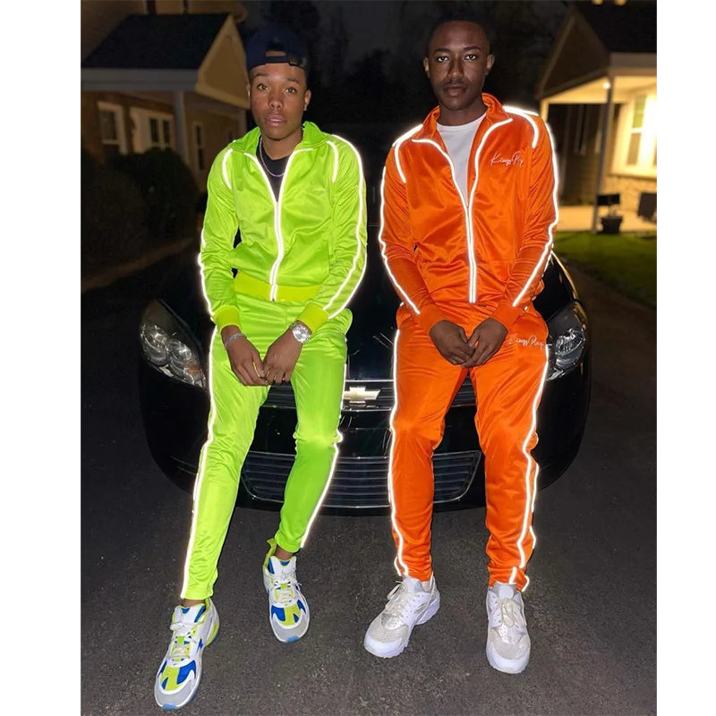 Custom Logo Pop Reflective Men Polyester TrackSuit Zipper Two Piece Tracksuit for men