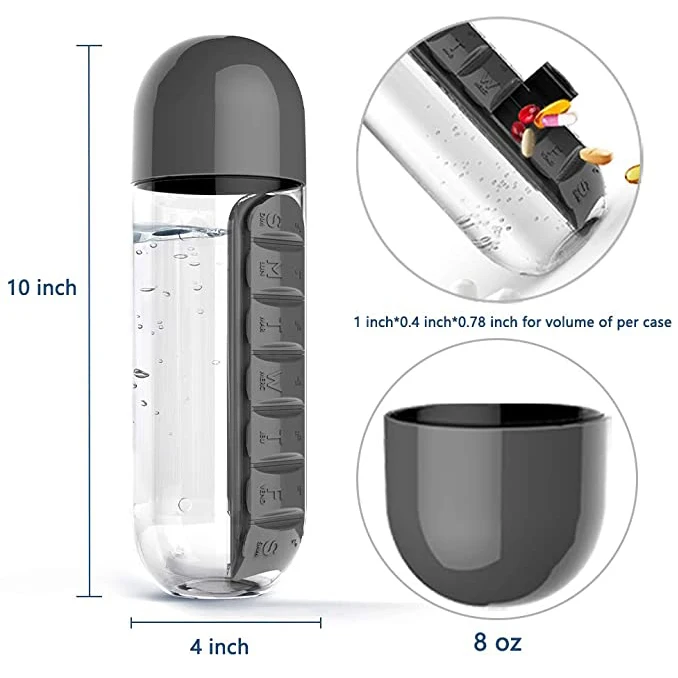 Portable Water Bottle Weekly Pill Cup Case , travel Multi Function Pill Bottle, Outdoor 7 Compartments pill Organizer box 20oz