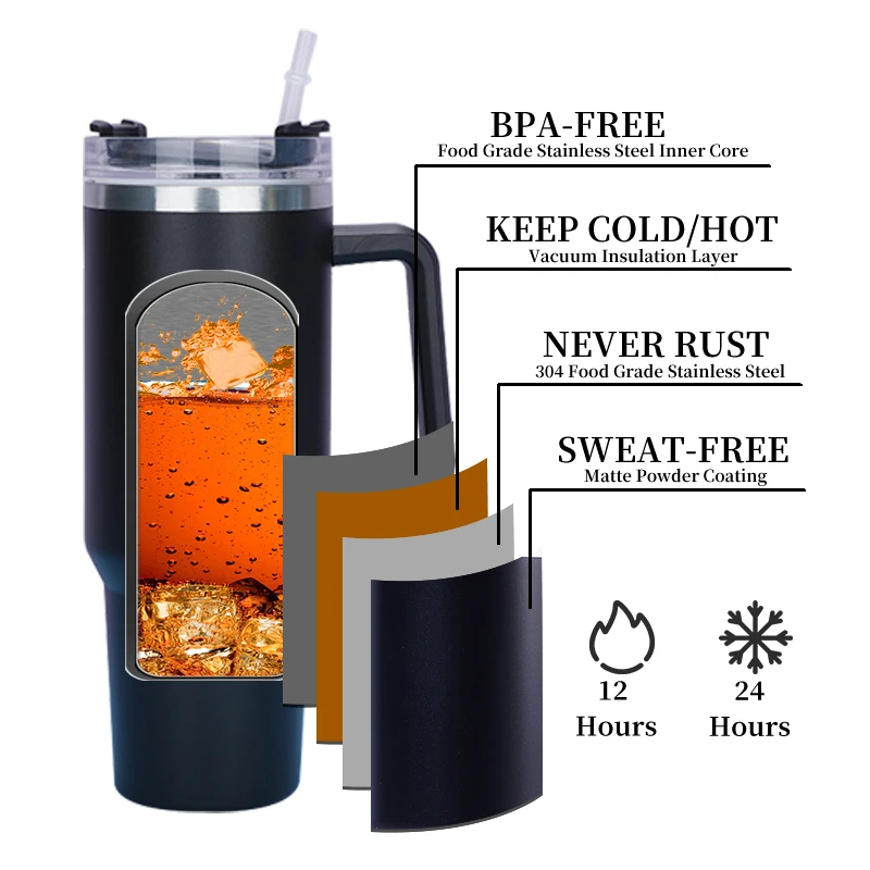 wholesale bulk Laser engrave multiple colors thermos 40oz powder coated copper Coffee Mug tumbler with Handle and straw