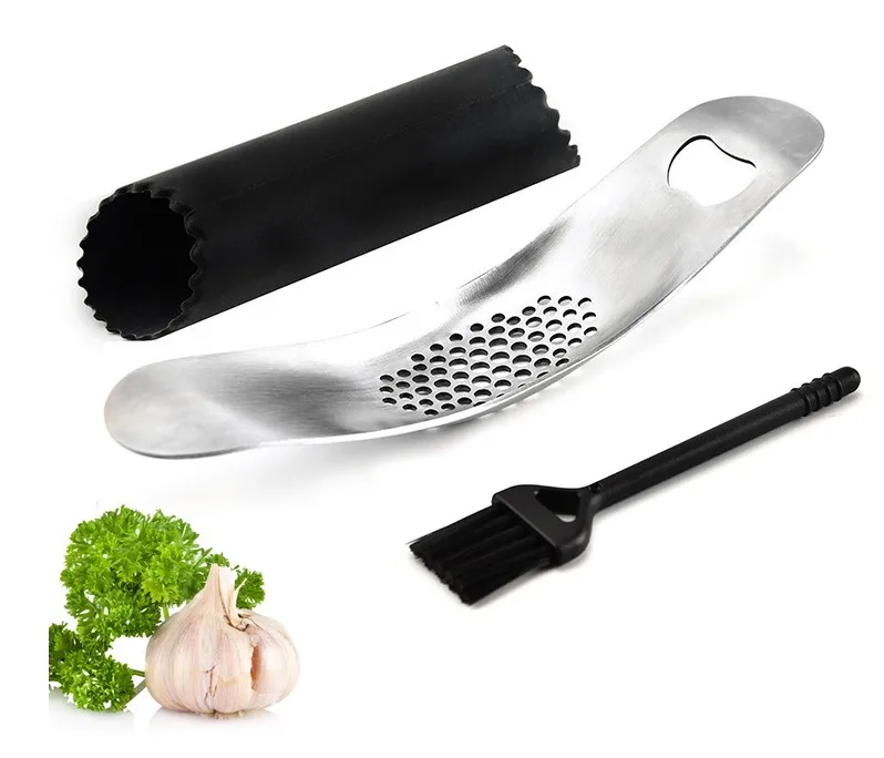 Garlic Press Rocker Set Easily Peel and Press Garlic Tools Silicone Garlic Peeler With Cleaning Brush