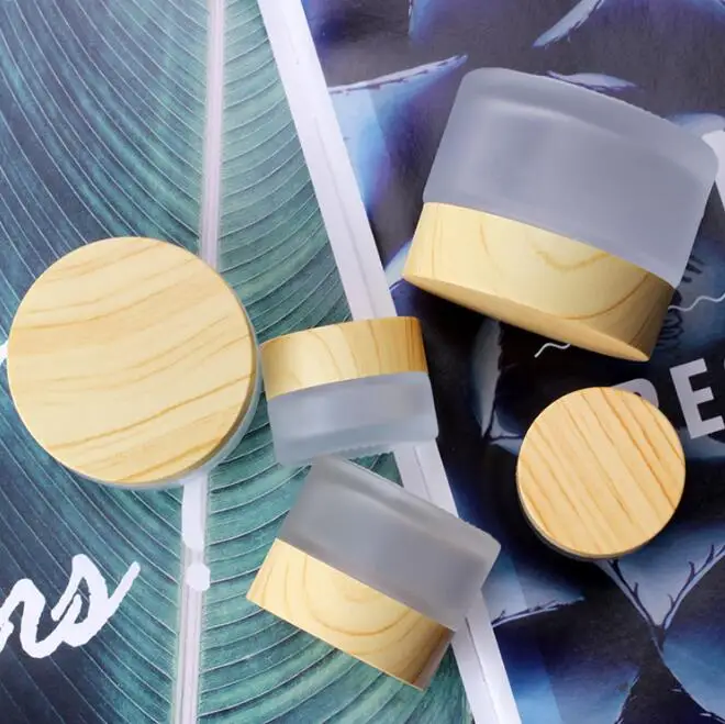 Cream Bottles Round Cosmetic Jars Hand Face Packing Bottles Jars 5g 10g 15g 30g 50g 100g Cream Frosted Glass with Wood Grain