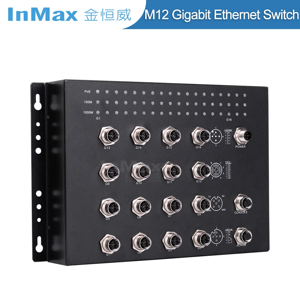 
InMax Manufacturer 16 port A-code 8Pin 1000Mbps 48V Management Gigabit PoE M12 Railway Ethernet Switch 