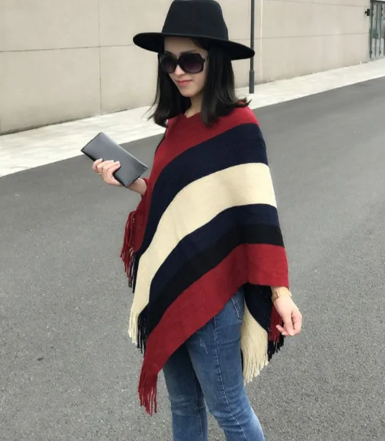 Winter thick acrylic poncho women stripes knit blanket poncho