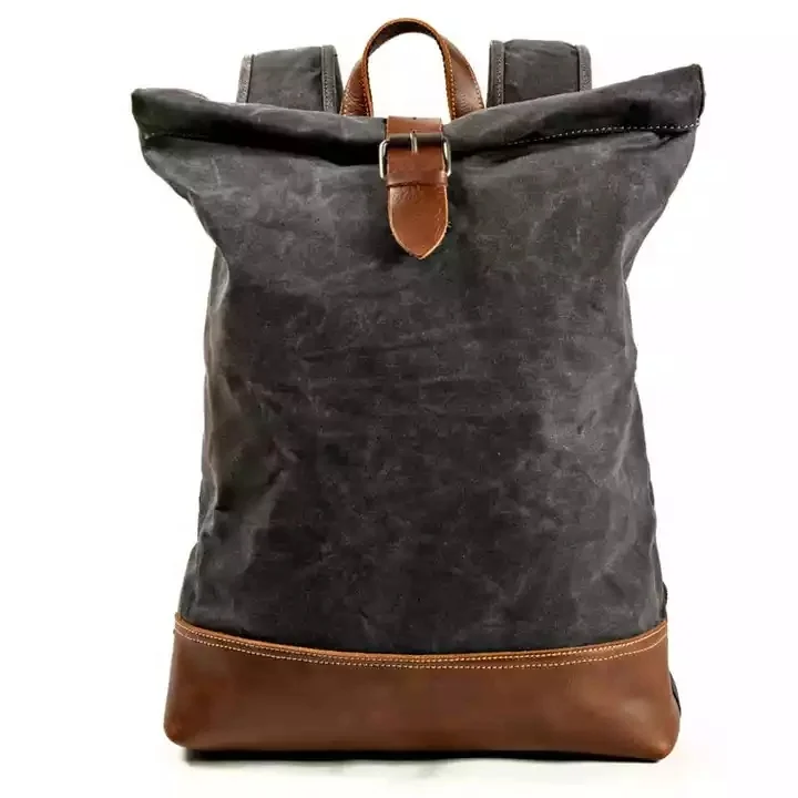 Travel leather roll top Backpack Bags Waterproof Waxed Canvas Crazy Horse Leather College Other Laptop Backpacks for Men