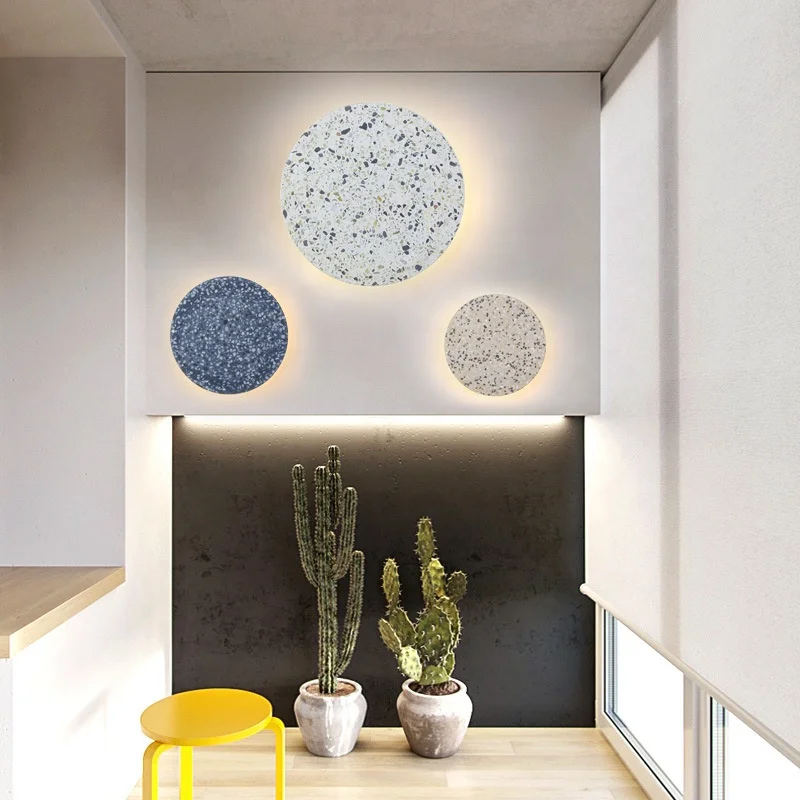 Interior Modern Disc Shaped Terrazzo Nordic Style Indoor Wall Mount Light Living Room Bedroom Ceramic LED Sconce Decoration Lamp