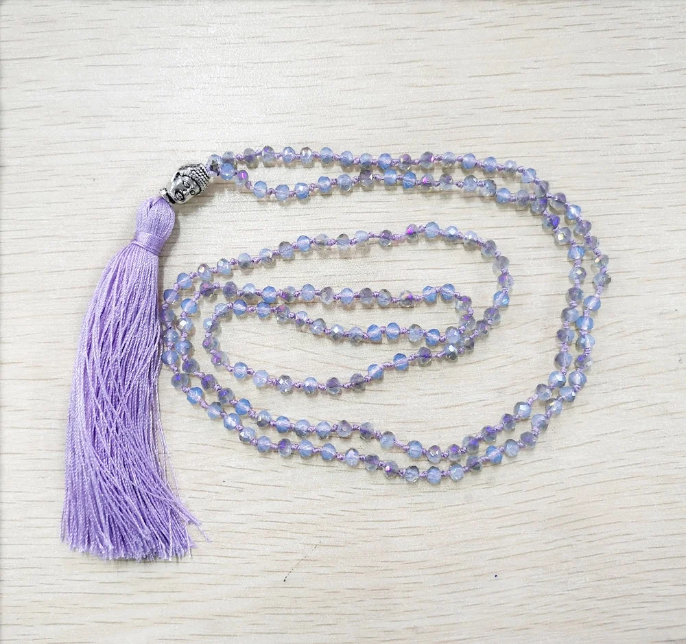 Knotted Rondelle Crystal Long Tassel Mala Facet Bead Namo Religion Necklace Buddha Head Prayer Necklace handmade Jewelry