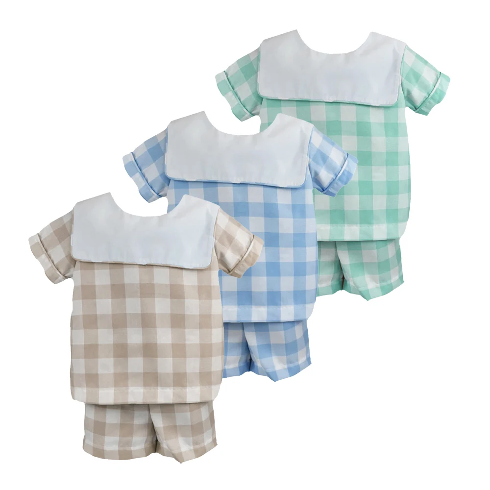 Custom label checked square collar baby embroidered spring summer kids boy short set children clothing for boys