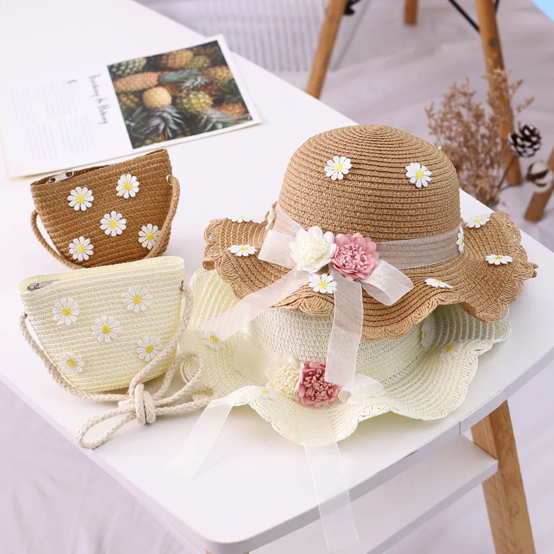 Girls straw hat summer new ribbon flower sun hat Sweet Summer Kids Hat for Wholesale