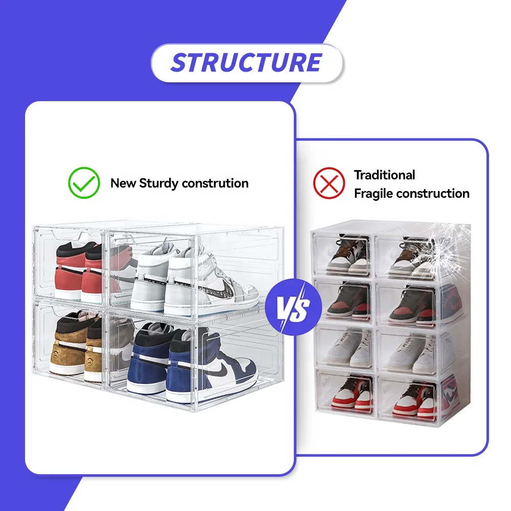 Clear Shoe Box Fashion Transparent Foldable Shoe Storage Box Custom Logo  Front Magnet Stackable Giant PP Material Shoe Box