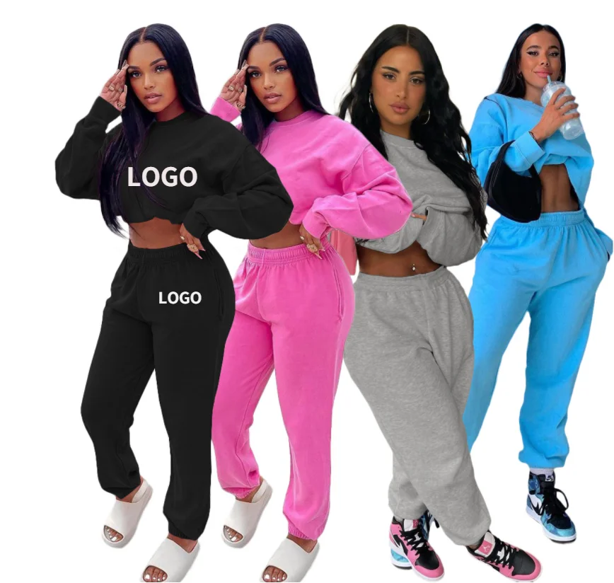 Factory Wholesale new logo Custom Solid color jogger sweatsui Casual gym fitness sets 2 piece set women