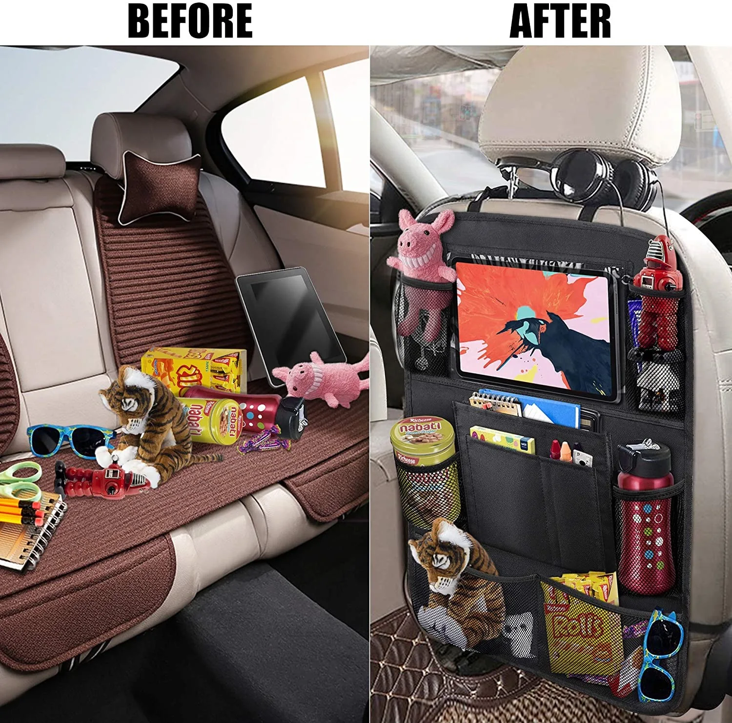 Trunk anti-kick hanging organizer bag car storage backseat with touch screen tablet