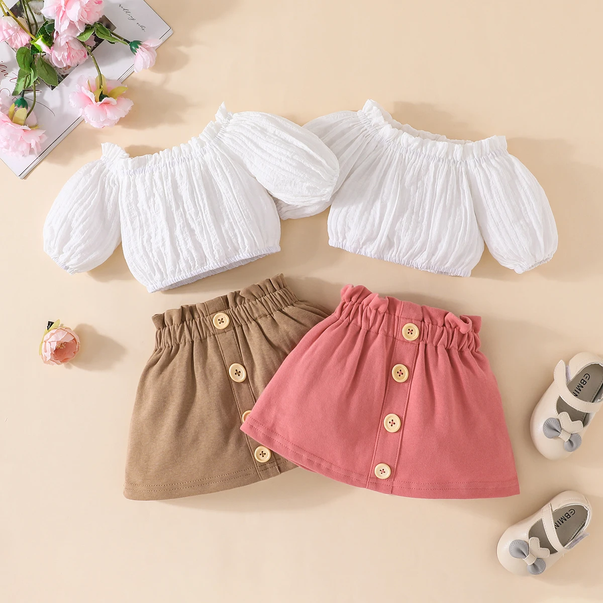 2022 New Casual Style Girls Children A-Line Blouse Suit with Solid Color Puff Sleeve and Button Skirt for Summer