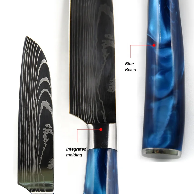 10 pcs Exquisite blue resin handle Laser Damascus pattern Chef knife Santoku Cleaver Slicing kitchen knives set