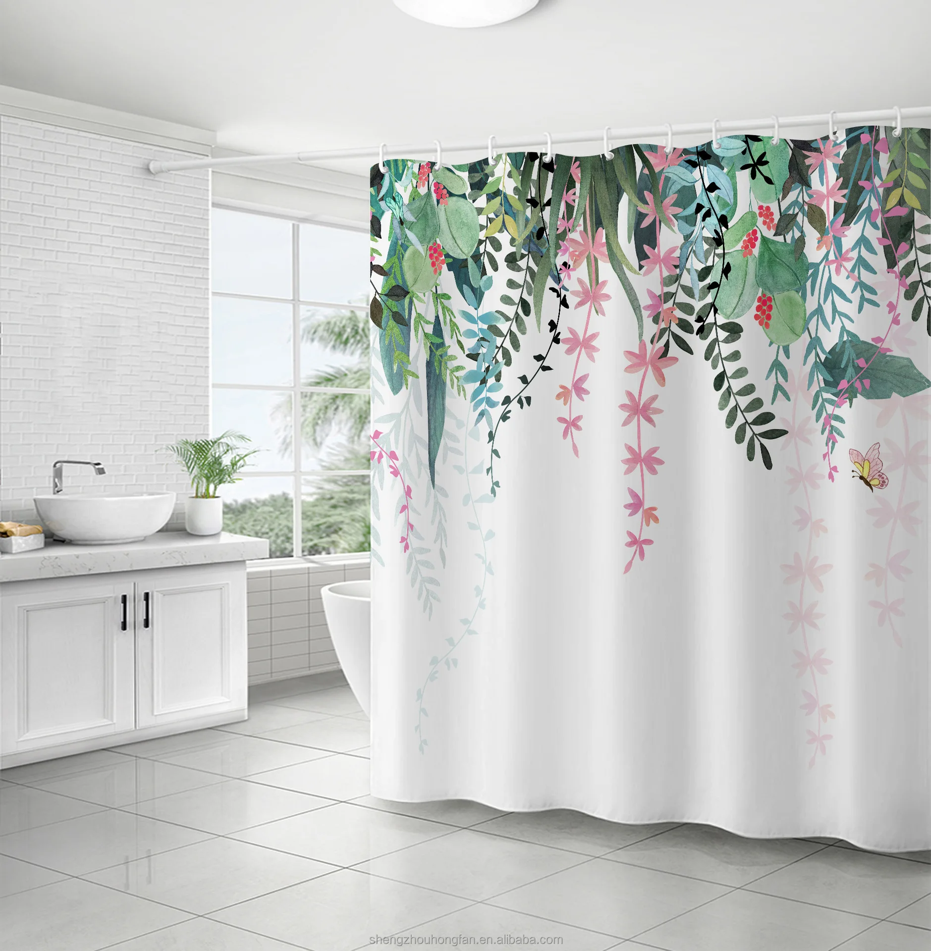 Shower Curtain, Green Shower Curtains for Bathroom, 3D Printing Washable Waterproof Cloth Plant Leaf Fabric Shower Curtain