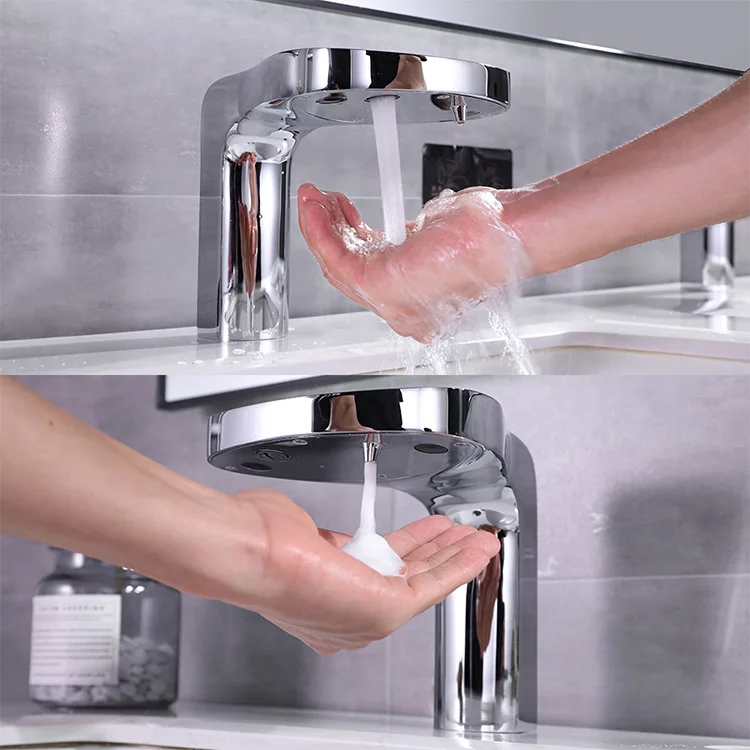 bathroom touch free 2 in1 laser sensor brass soap dispenser deck mounted automatic basin faucet