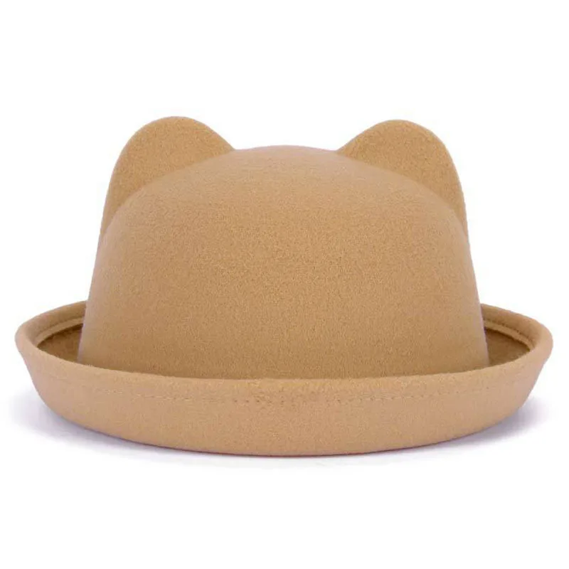 SH-1018 Classic Women Girl Cute Vintage Plain Flat Felt Bowler Hat with Cat ears