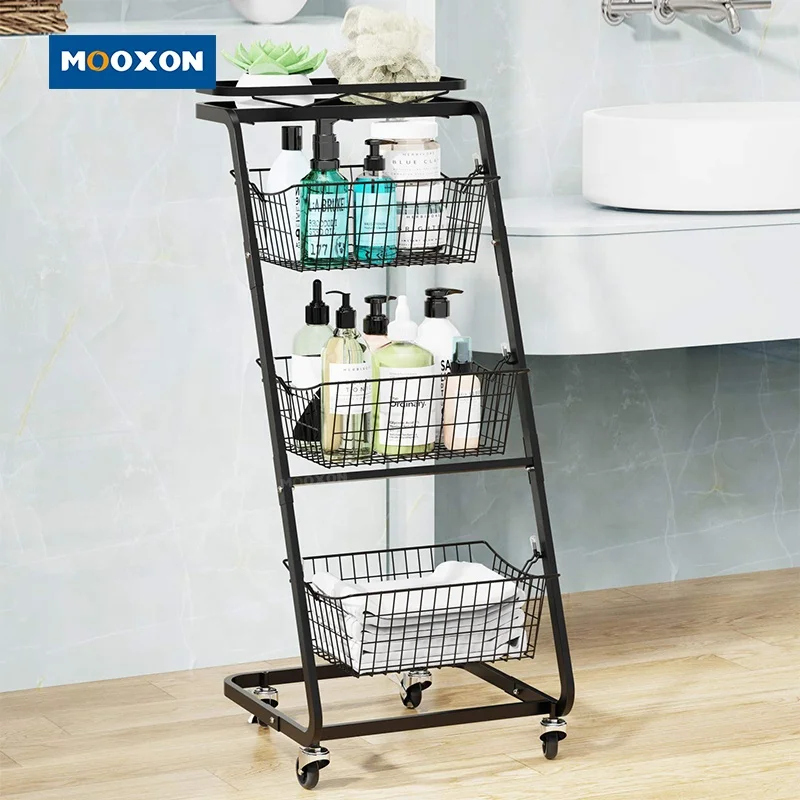 Multifunctional Iron Mesh Wire Metal Rack Fruit Holder Shower Shelf Hanging Bathroom Storage Organizer Basket With Wheels