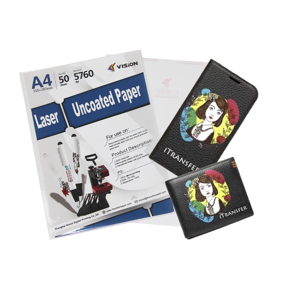 Uncoated heat transfer paper for laser printers A3 A4 size applied to leather wallet ceramic tiles mugs glasses acryllic pen