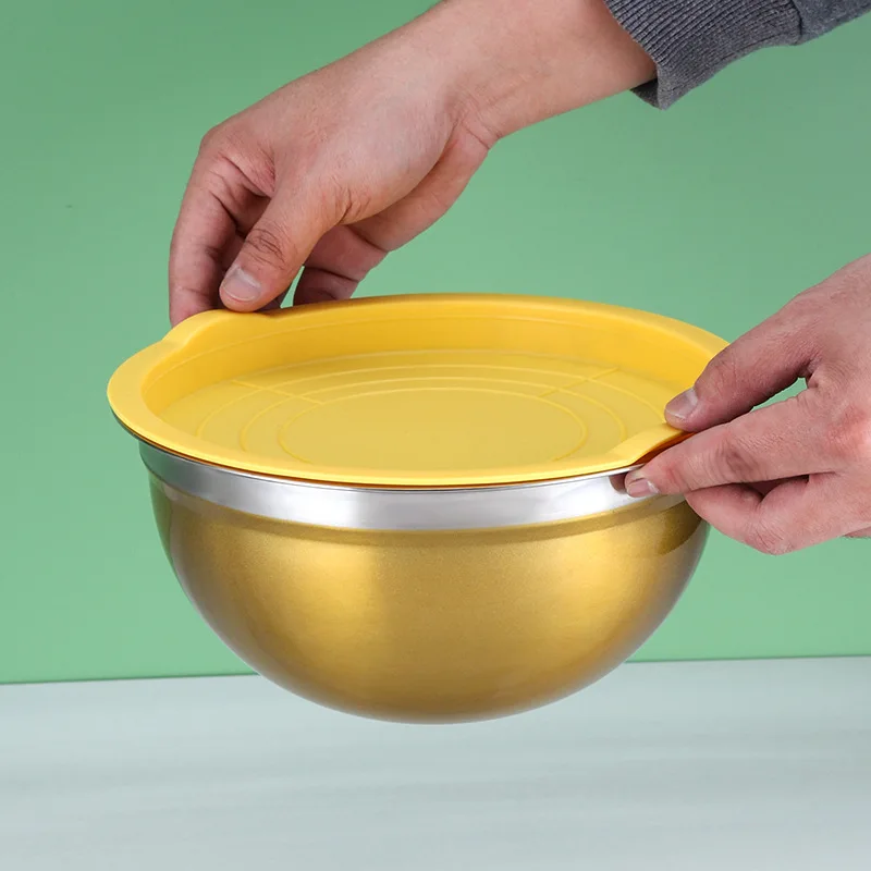 Customized Vegetable Food Bowl Salad and Fruit Deep Stainless Steel Mixing Bowl  with silicone bottom salad maker